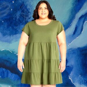 Time and Tru Women’s Olive Green Short-sleeve Tiered Mini T-Shirt Dress❤️❤️XXXL